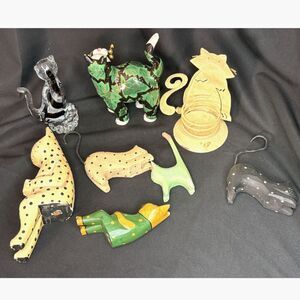 Vintage Cat Figurine Lot Wood Folk Art Glass Metal